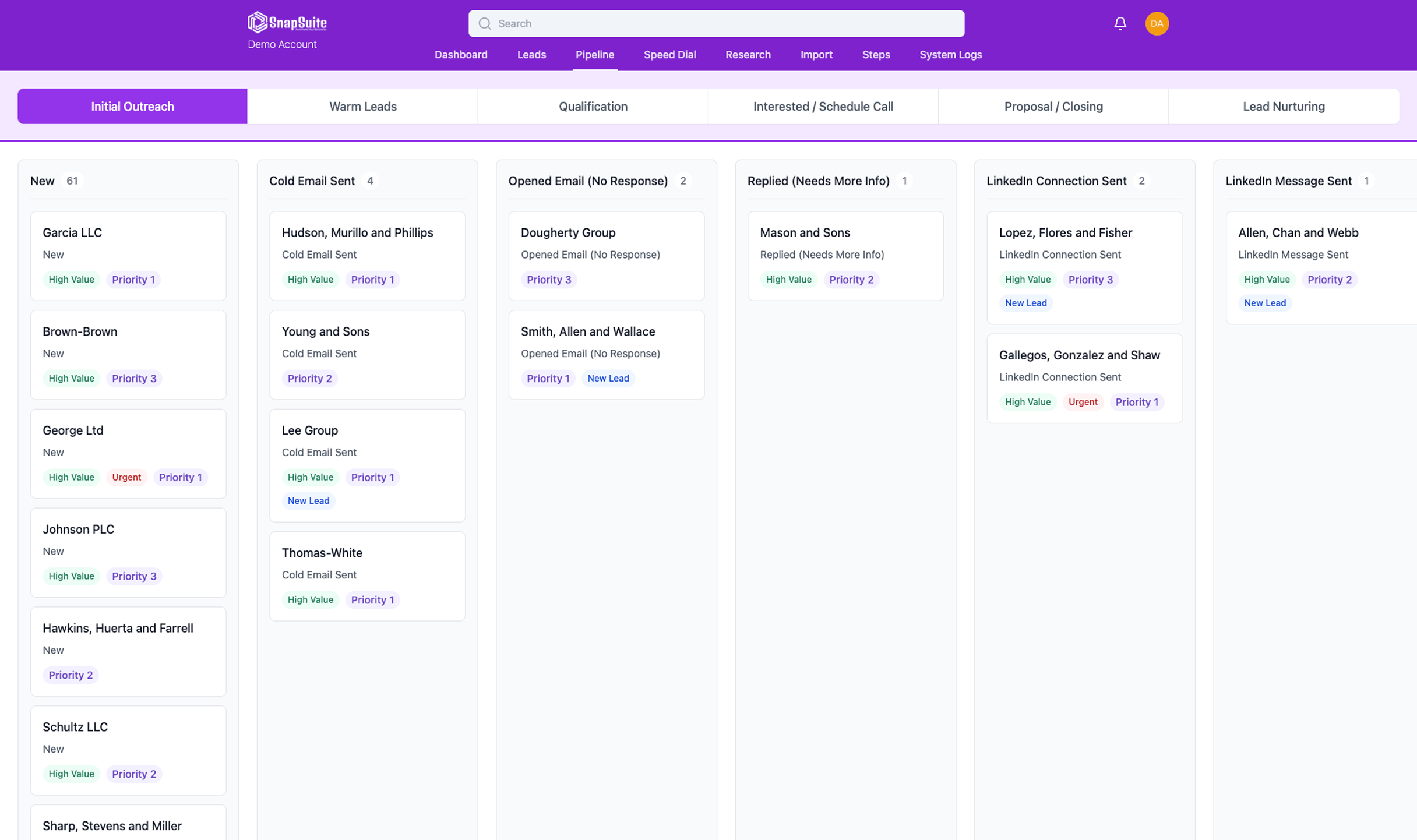 LeadScore AI sales pipeline board showing lead stages and contact cards